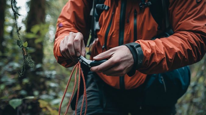 A hiker using a multitool to cut rope in the forest, illustratin